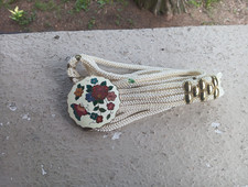 VINTAGE WHITE STRETCH SILK ROPE BELT FLORAL GOLD CLOISONNE ENAMEL BUCKLE YEN 30"