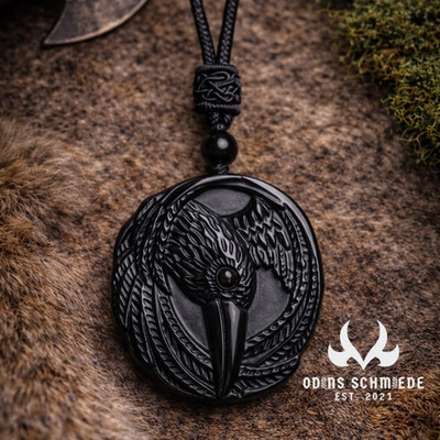 Obsidian Hugin Munin Halskette   Raben Wikinger Amulett
