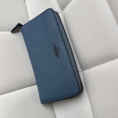 Coach Accordion Zip Wallet Crossgrain leather Pewter/ Azure Blue