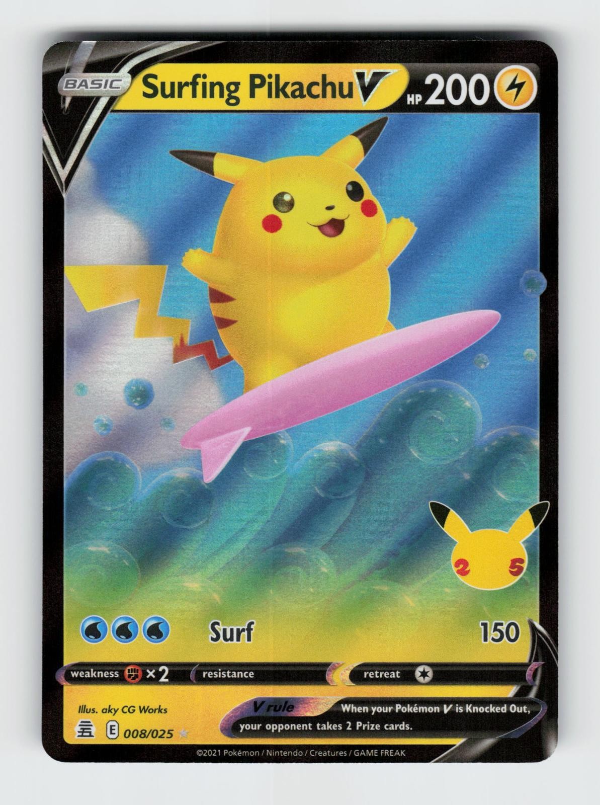 Surfing Pikachu V 008/025 Holo V Rare Celebrations Pokemon 2021 Near Mint