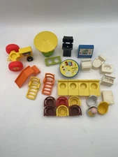 Vintage Fisher Price Lot Tractor Picnic Table Umbrella Lounge Chair Easel Slide