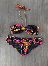 Victoria  s Secret Swimsuit Bikini Set Black Floral Gold Chain Rings Large