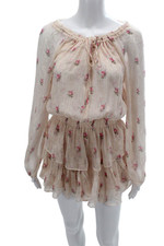 Love Shack Fancy Womens Blouson Floral Beige Long Sleeve Silk Dress Size XS