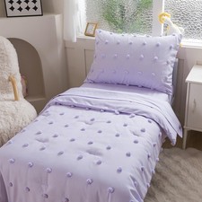 Lavender 4 Pieces Toddler Bedding Set - Lovely Pom Pom Tufted Comforter Set f...