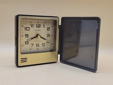 Small Vintage Travel / Desk Alarm Clock Gold Brown Folds Works L
