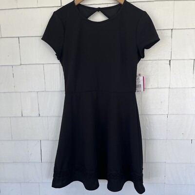 B. Darlin Black Junior's Short Sleeve Crochet Trim Open Back Dress B. Darlin Black Junior's Short Sleeve Crochet Trim Open Back Dress