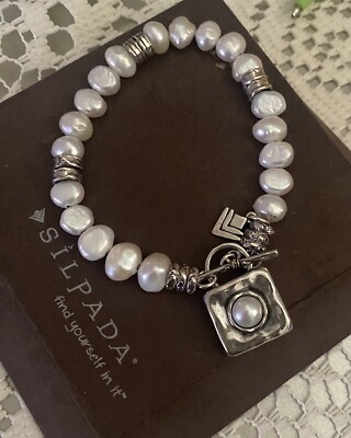 Silpada Silver Freshwater Pearl Charm Toggle Clasp Bracelet