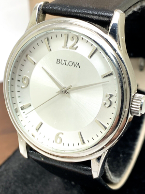Bulova Men's Watch 96A28 Quartz Logo Silver Dial Black Leather