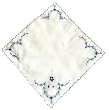 Vintage White Handkerchief Satin Stitch Flowers Blue Vines in Corners 10.5 in
