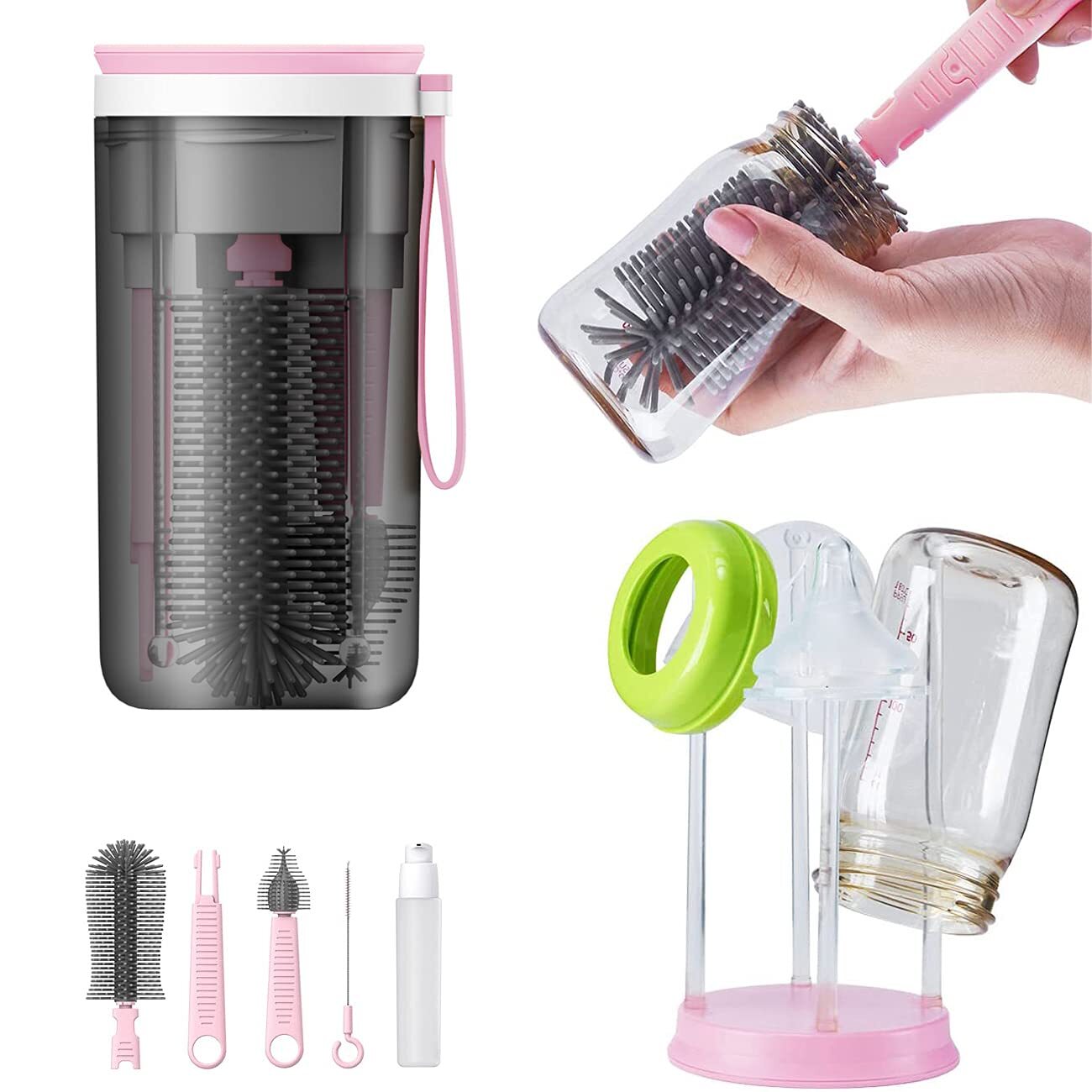 Portable Baby Bottle Drying Rack with Brush Set Pink Ideal for Travel