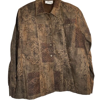 Vintage N Touch Brown Button Up Shirt Jacket Microfiber Patchwork Paisley XL