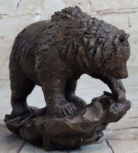 Bear Eating Salmon Fish Bronze Sculpture Figurine Wildlife Decor Original Art - Picture 4 of 10