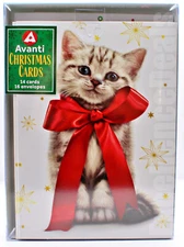 Box of 14 Avanti Christmas Cards - Cat with Red Bow - BUY MORE & SAVE!