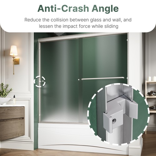 ELEGANT 60" W x 57.4'' H Sliding Shower Tub Door 1/4" Frosted Glass in Brushed - Picture 9 of 14