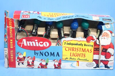 VINTAGE CHRISTMAS AMICO 7 LIGHTS by NOMA Bakelite Plugs & Sockets All GE Bulbs