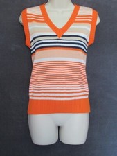 70's Vintage Orange White Navy Beige Striped V Neck Acrylic Sweater Vest S/M