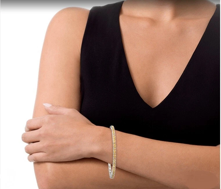 6 克拉圆形切割实验室制造的黄水晶网球手链 7 英寸 14K 镀白金 — 第 4/4 张图片