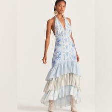 Loveshackfancy Sicilia Floral Blue Silk Halter Maxi Dress Gown size 2 Formal