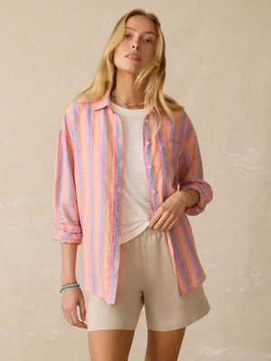 FAHERTY $168 Laguna 100% Linen Striped Button Up Shirt Top Size Medium