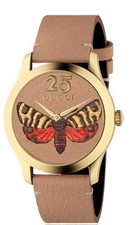 GUCCI WATCH YA1264063 G-TIMELESS Moth Gold PVD & Brown Leather
