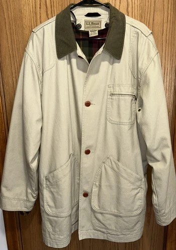 LL Bean Jacket Mens XL Tall Tan Flannel Lined Barn Chore Coat Corduroy Collar