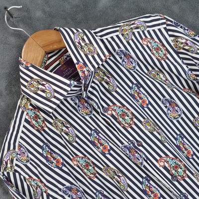 Hawes Curtis Hemd Herren Large Slim weiß blau Paisley gestreift Abendessen Abend Mod