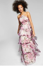 SPEECHLESS Organza Floral-Print Tiered Halter Dress Grey/Fuchsia Size 7 $149