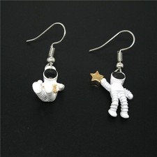 Silver Black  White Gold Star Enamel Astronaut Space Theme Hook Dangle Earrings