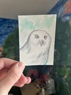 ACEO Original Snowy Owl Animal Art Whimsical Sparkly Watercolor 2.5x3.5 — photo 1