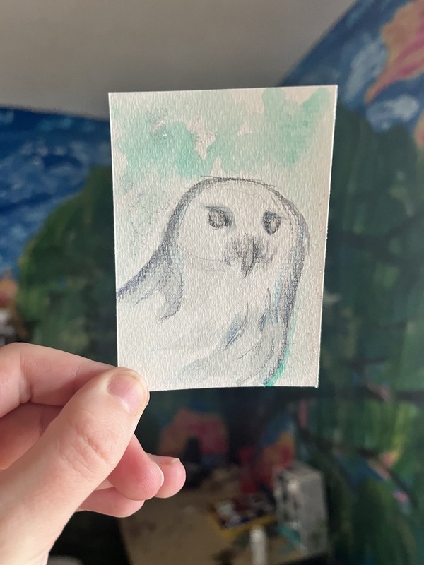 ACEO Original Snowy Owl Animal Art Whimsical Sparkly Watercolor 2.5x3.5