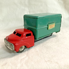 Vintage Red  Green 5in Tin Friction Box Truck Missing rear axle NICE