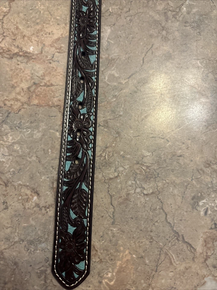 Cinturón Ariat Western Niñas Talla 22 Cuero Marrón Incrustación Turquesa Hebilla Tono Plateado Foto 4 de 4