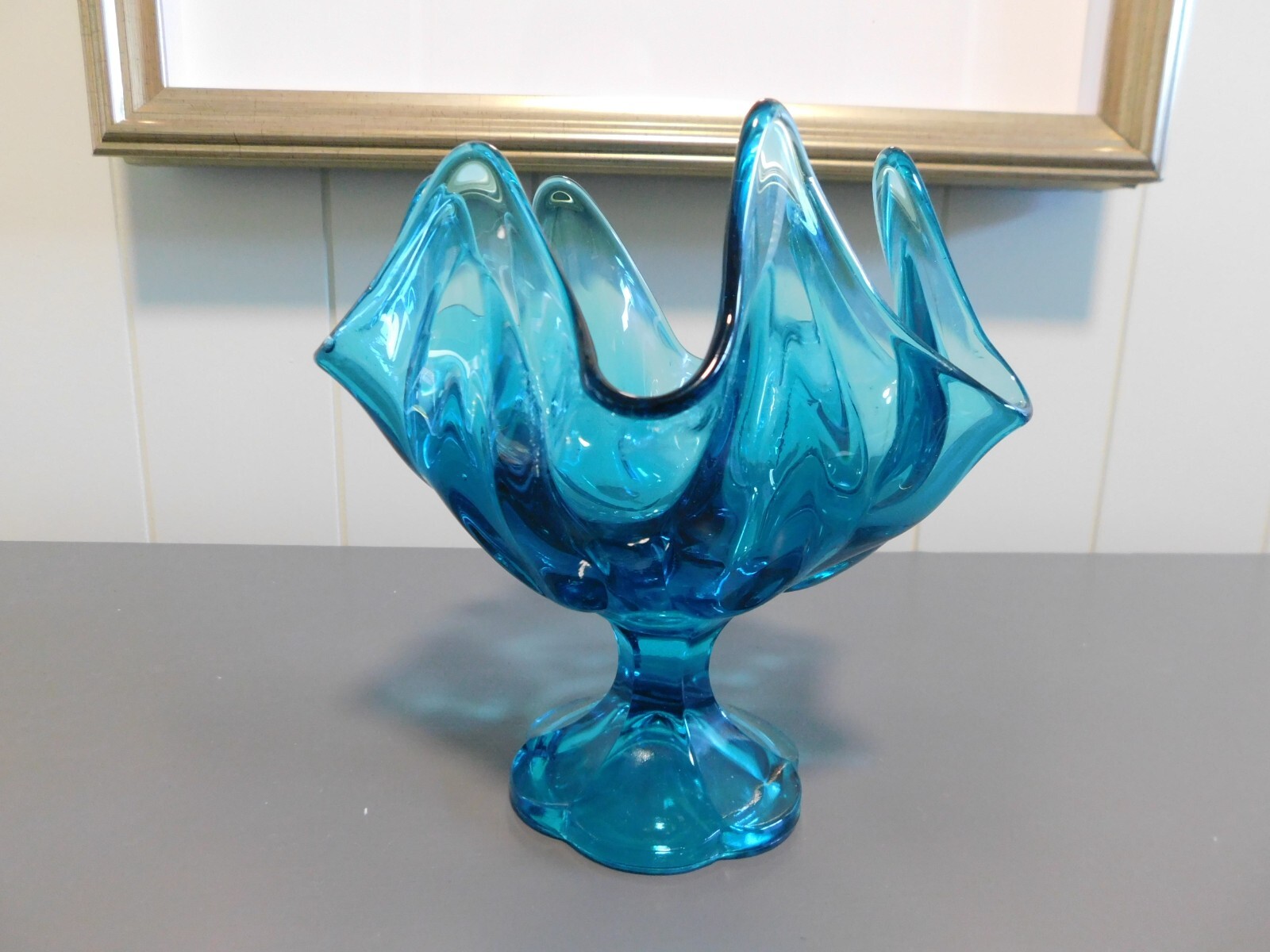 Teal Abstract Glass Pedestal Bowl for Display or Decor-image
