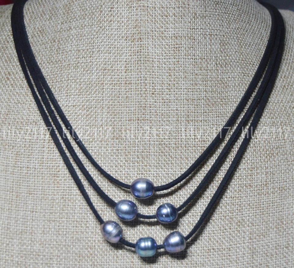3 行天然 10x12 毫米大溪地黑色珍珠手工皮革绳项链 18-20 — 第 2/4 张图片