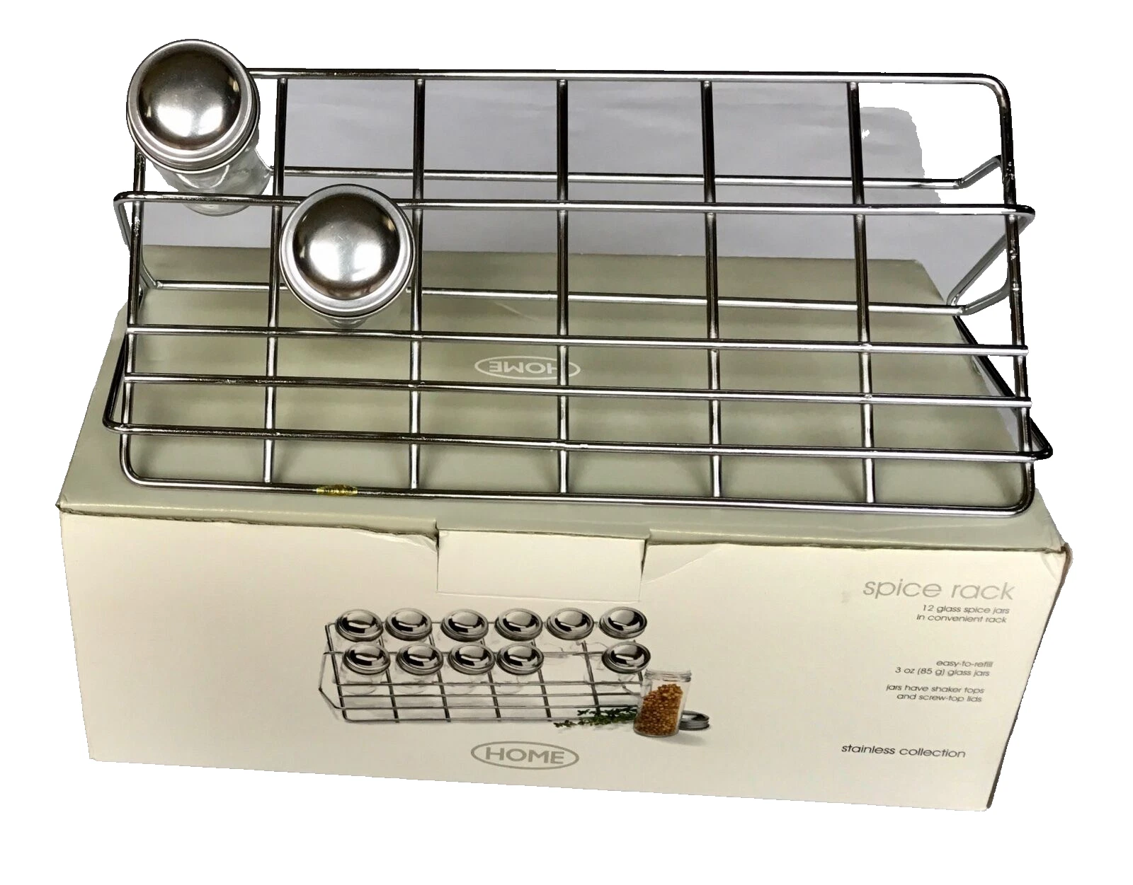 Home Stainless Steel Collection Spice Rack With 12 Glass Jars 3oz capacity - New
