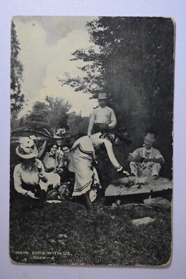 1909 HAVE SOME WITH US PEOPLE COOKING HOTDOGS EATING OUTSIDE POSTCARD 567