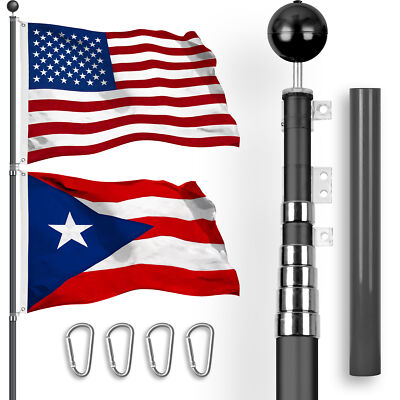 25 Ft Telescoping Flagpole Black & American and Puerto Rico Flags Spun 3x5 Ft