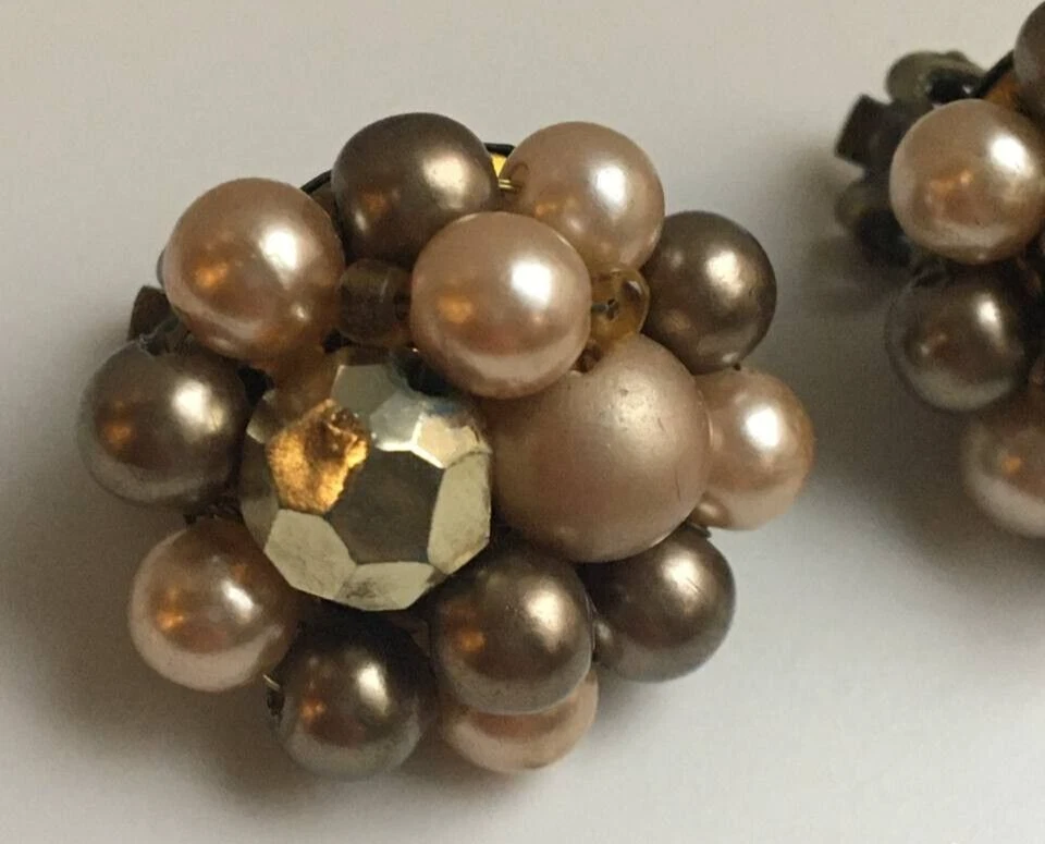 Vintage Cooper Tone Earrings Clip-on With Pearls Women's Jewelry JAPAN Signed - Image 3 of 4