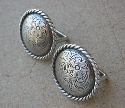 Floral Engraved Rope Edge 1-1/2'' Concho Browband Loop Back Rosette Set of 2
