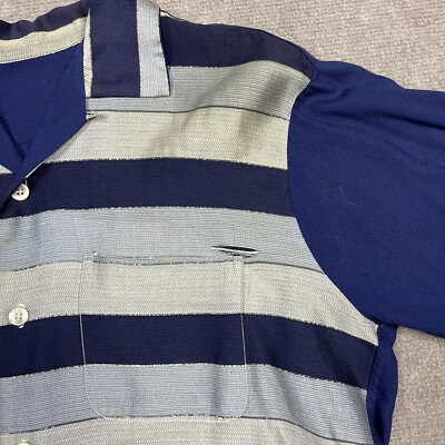 Vintage 50s Striped Rayon Gabardine Loop Collar Shirt Mens Medium