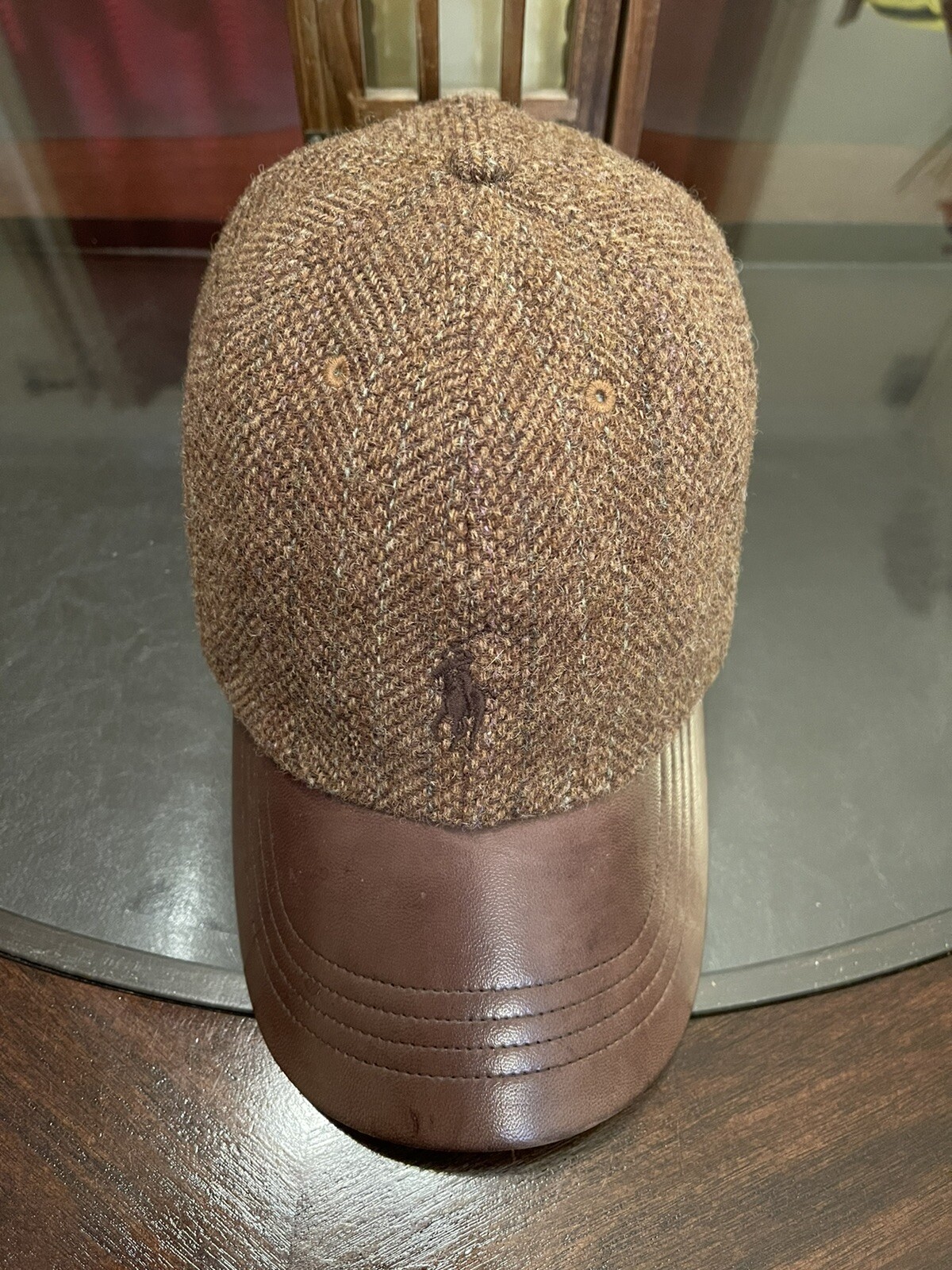 PONY Cappello Ralph Lauren Gent’s 100% lana Shetland e 100% pelle cinturino regolabile marrone