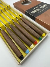 Vintage Set 6 Fondue Forks Lightweight Bamboo Handles Tiki In Box MCM