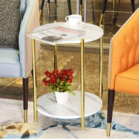 Couchtisch Rund Beistelltisch Weiß/Gold Marmor Sofatisch 2 Ebenen Metallgestell