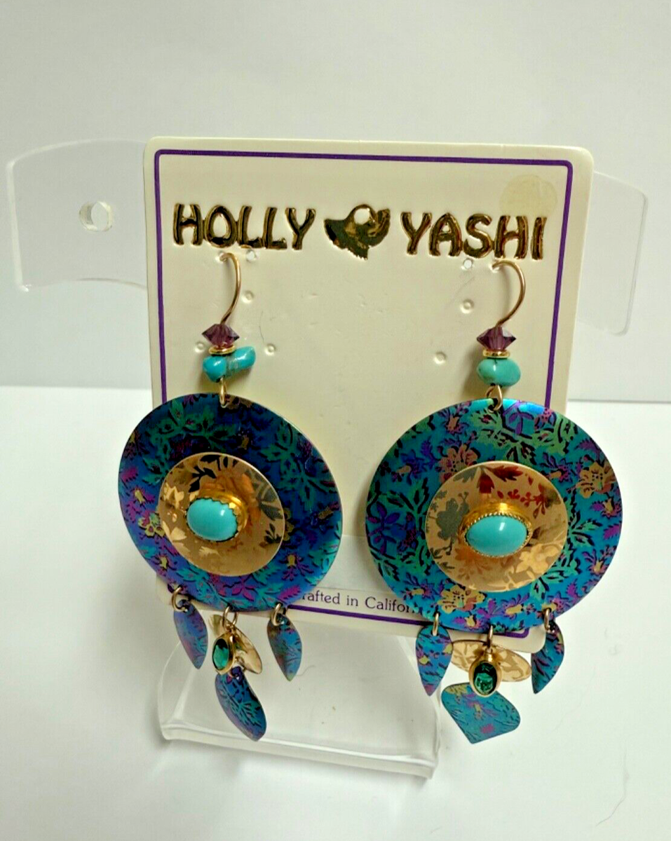 NOS Holly Yashi Round Niobium Floral Disk Earrings Dangles
