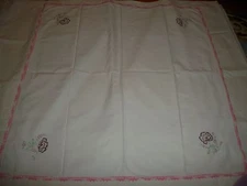 VINTAGE HAND EMBROIDERY  & CROCHET TABLECLOTH  CENTERPIECE 37 " x 35 " SQUARE 