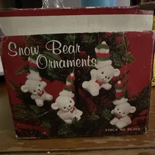 VTG Porcelain SNOW BEAR 3" Felt Bow Crochet Hat Set of 4 Ornaments Taiwan