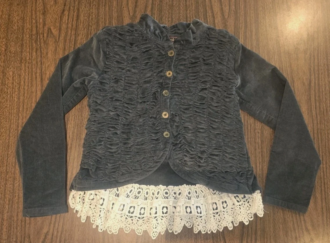 MUSTARD PIE Ruffle Jacket Crochet Lace Accent Gray Coat Girls Size 10 EUC
Opens in a new window or t