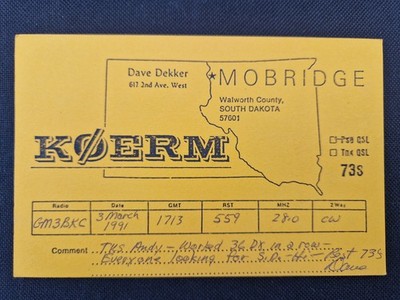 USA - Mobridge - South Dakota - 1991 - K0ERM - Radio QSL Card #W1558