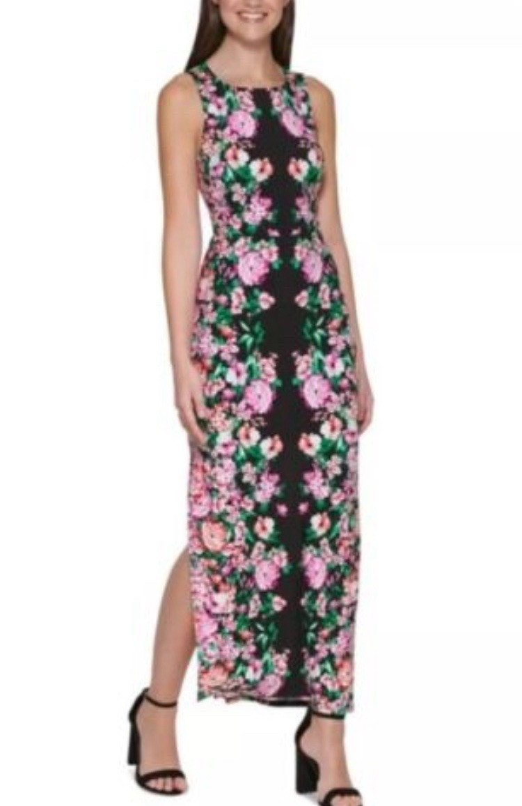 Guess Womens 10 Peekaboo Black Floral Print Long Split Hem Maxi Dress BHFO 1561