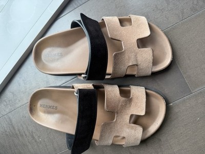Hermes Chypre Used Sandal Size 37 Suede Pink And Black Noir Excellent Condition